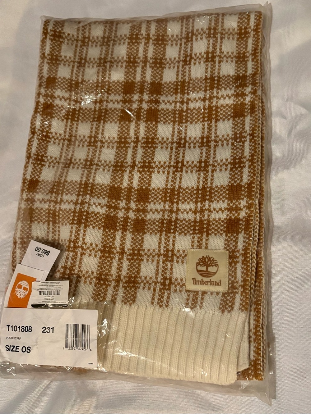 Timberland Cream and Camel Plaid Knit Scarf
